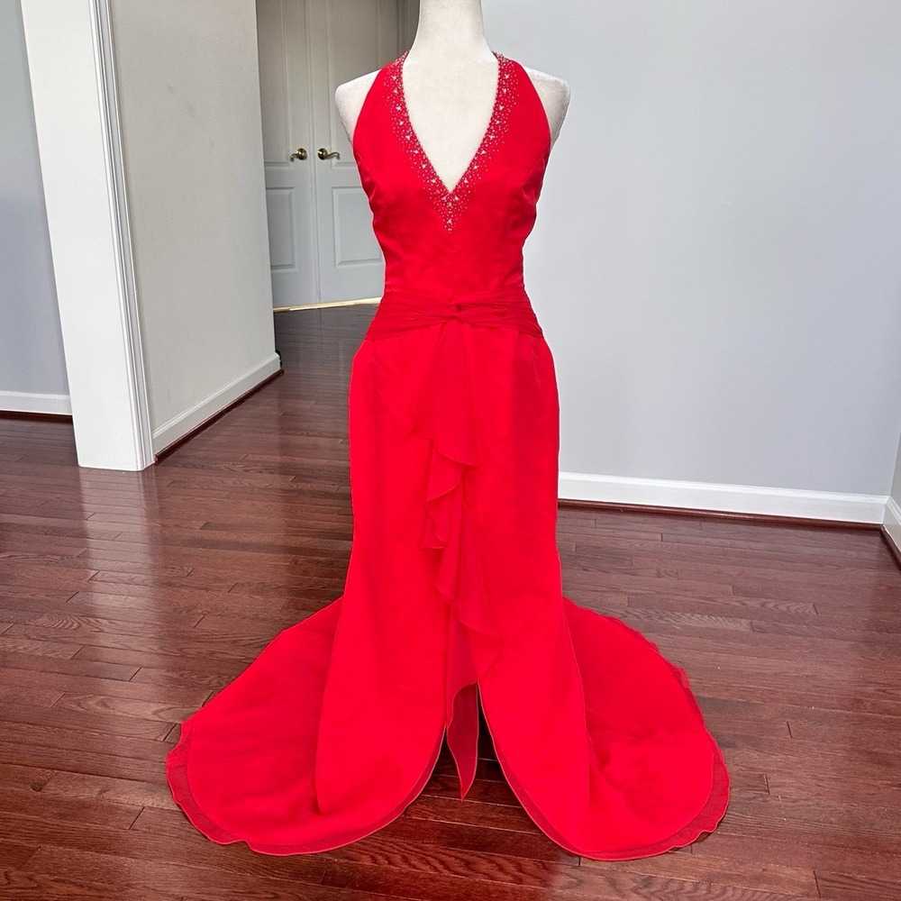 Impression Red Silver Halter Neck Beaded Embellished Sexy Gown Dress Size 10